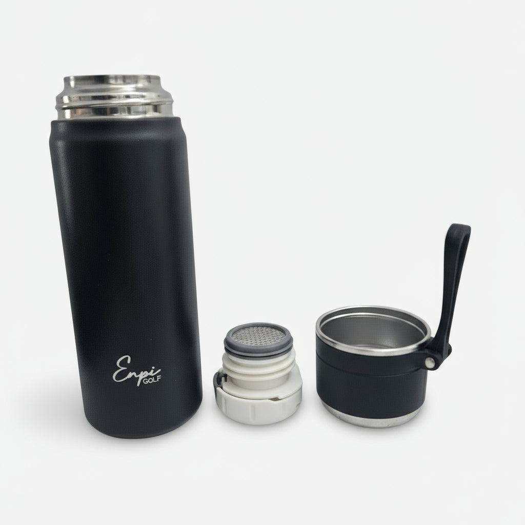 Black insulated bottle with detachable parts on a white background